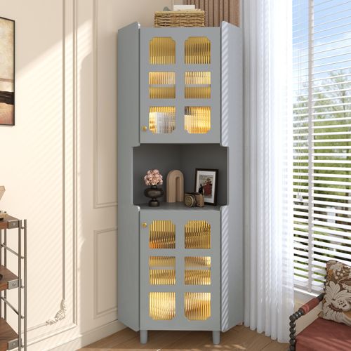 Caisson D'angle 63,5×157,5 Cm Avec LED, 2 Portes En Verre, Rangement, En Mdf, Gris