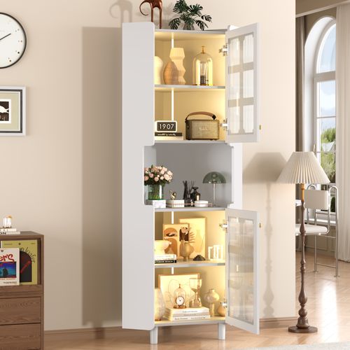 Caisson D'angle 63,5×157,5 Cm Avec LED, 2 Portes En Verre, Rangement, En Mdf, Blanc