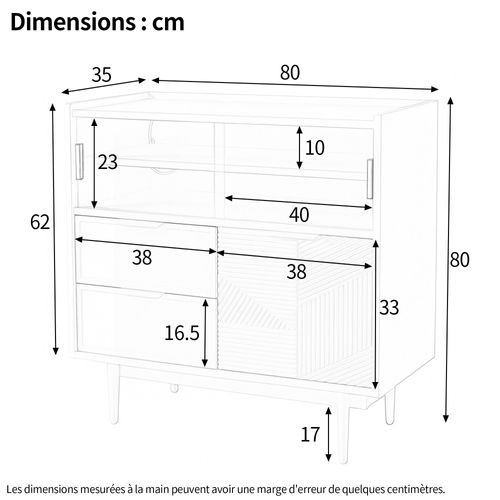 Buffet Bas, Armoire De Rangement 80×35×80cm Avec 2 Tiroirs, LED, Portes, Rangements, En Mdf, Blanc