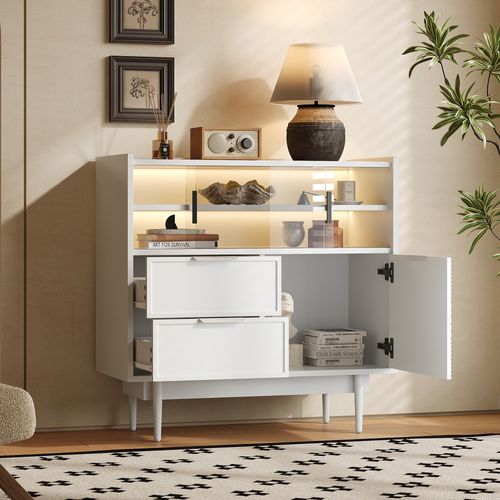 Buffet Bas, Armoire De Rangement 80×35×80cm Avec 2 Tiroirs, LED, Portes, Rangements, En Mdf, Blanc
