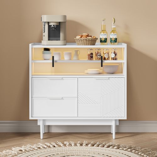 Buffet Bas, Armoire De Rangement 80×35×80cm Avec 2 Tiroirs, LED, Portes, Rangements, En Mdf, Blanc