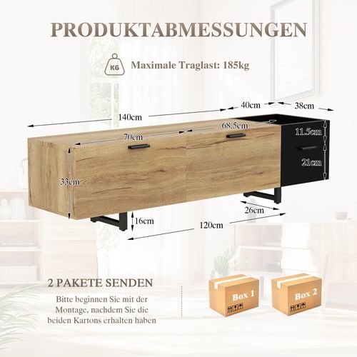 Meuble TV 180x38x49 Cm, LED, Armoire, 2 Tiroirs Et Compartiment De Rangement, Bois, Couleur Bois