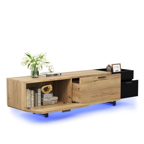 Meuble TV 180x38x49 Cm, LED, Armoire, 2 Tiroirs Et Compartiment De Rangement, Bois, Couleur Bois