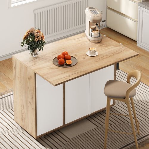 Buffet Desserte De Cuisine 132x46/70x85 Cm, 4 Roulettes, 3 Tiroirs Et 3 Portes, Bois, Couleur Bois