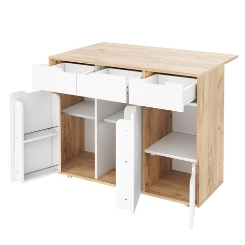 Buffet Desserte De Cuisine 132x46/70x85 Cm, 4 Roulettes, 3 Tiroirs Et 3 Portes, Bois, Couleur Bois