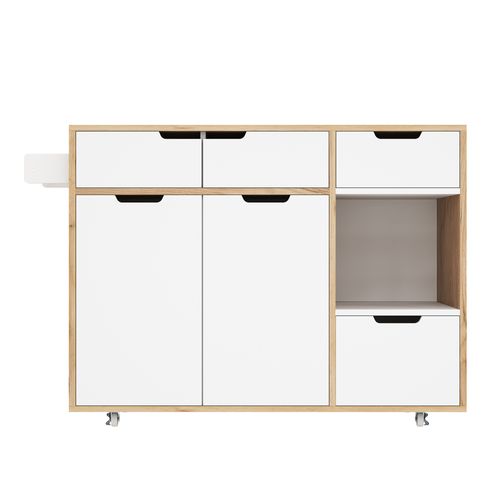 Buffet Desserte De Cuisine 132x46/70x85 Cm, 4 Roulettes, 3 Tiroirs Et 3 Portes, Bois, Couleur Bois