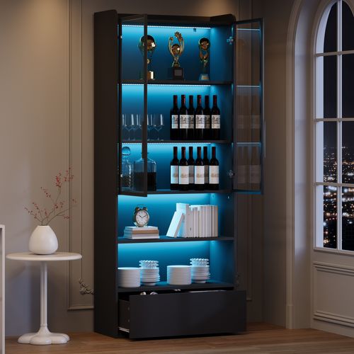 Vitrine 80x34x180 Cm Avec 1 Tiroir, 2 Portes En Verre, LED, Étagères, Mdf, Noir