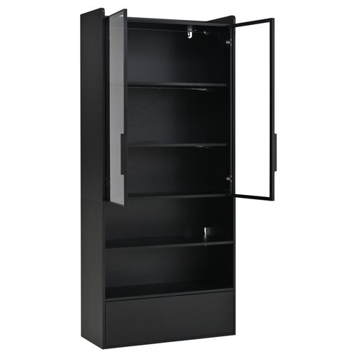 Vitrine 80x34x180 Cm Avec 1 Tiroir, 2 Portes En Verre, LED, Étagères, Mdf, Noir