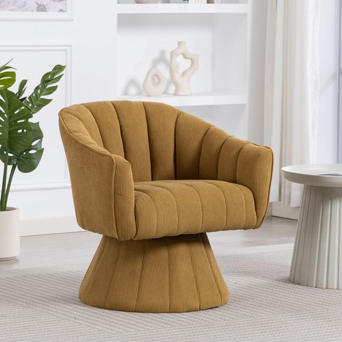 Fauteuil Pivotant 360° Avec Dossier Ergonomique, Accoudoirs, En Velours Côtelé, Jaune Moutarde