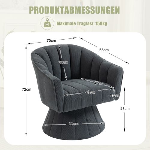 Fauteuil Pivotant 360° Moderne Avec Dossier Ergonomique, Accoudoirs, En Velours Côtelé, Gris Foncé