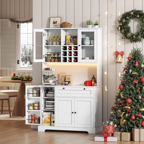 Buffet de cuisine LED 105x40x180 Cm 1 Tiroir, 5 Portes, Étagères Réglables, charge USB, Mdf, Blanc