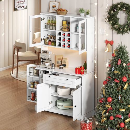 Buffet de cuisine LED 105x40x180 Cm 1 Tiroir, 5 Portes, Étagères Réglables, charge USB, Mdf, Blanc