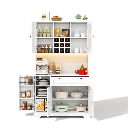 Buffet de cuisine LED 105x40x180 Cm 1 Tiroir, 5 Portes, Étagères Réglables, charge USB, Mdf, Blanc