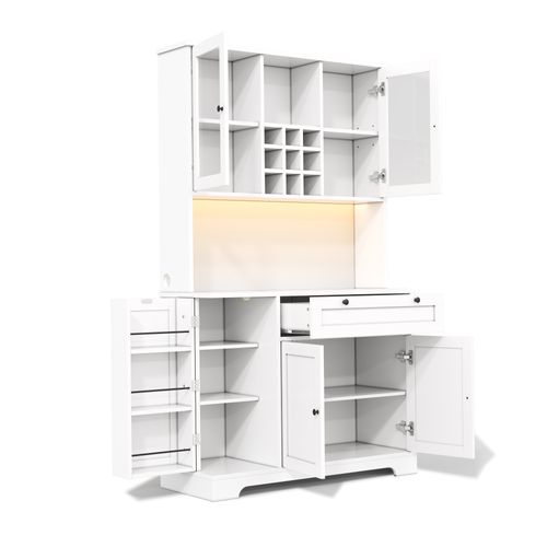 Buffet de cuisine LED 105x40x180 Cm 1 Tiroir, 5 Portes, Étagères Réglables, charge USB, Mdf, Blanc