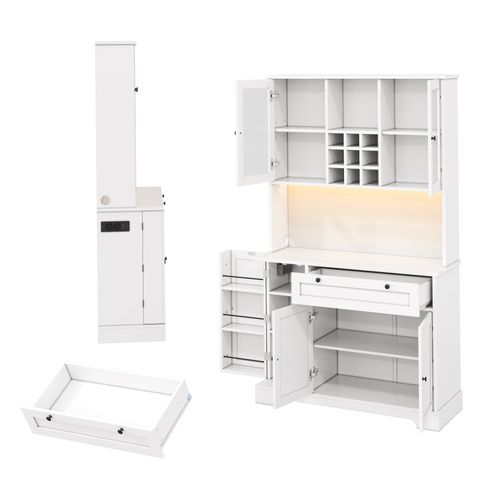 Buffet de cuisine LED 105x40x180 Cm 1 Tiroir, 5 Portes, Étagères Réglables, charge USB, Mdf, Blanc