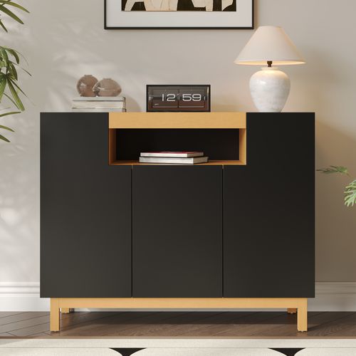 Buffet 120,5x42x96 Cm Avec 3 Portes, Étagères Ouvertes, En Panneau De Particules, Noir