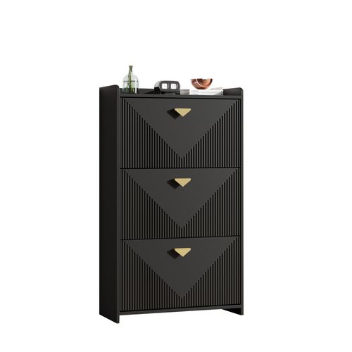 Buffet à Chaussures 70x30x120 Cm Avec 3 Portes Abattantes, 6 Compartiments Réglables, Mdf, Noir