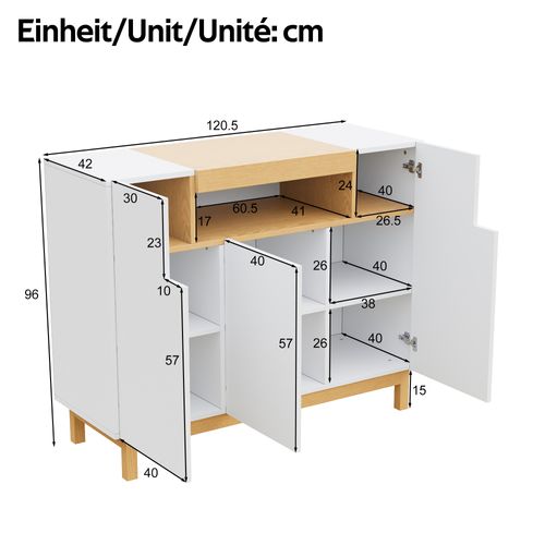 Buffet 120,5x42x96 Cm Avec 3 Portes, Niche Ouverte, En Panneau De Particules, Blanc
