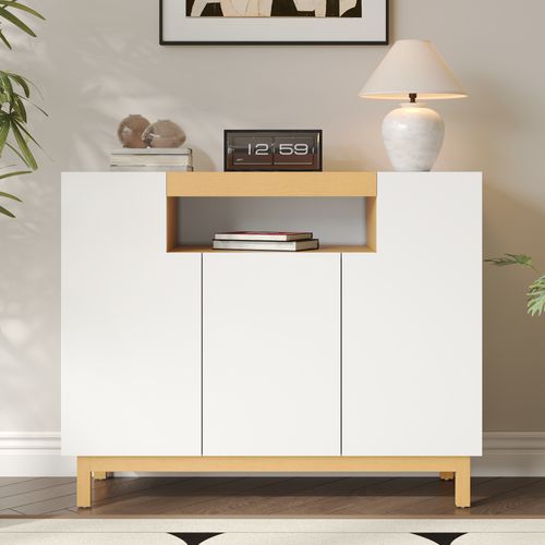 Buffet 120,5x42x96 Cm Avec 3 Portes, Niche Ouverte, En Panneau De Particules, Blanc