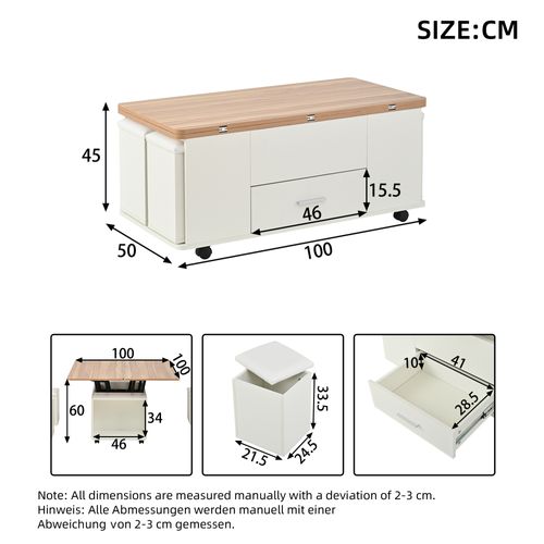 Table Basse Relevable Avec 4 Tabourets, Tiroir, LED, Panneaux De Particules, Blanc Et Naturel