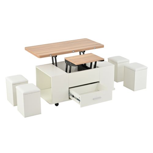 Table Basse Relevable Avec 4 Tabourets, Tiroir, LED, Panneaux De Particules, Blanc Et Naturel