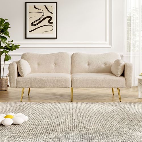 Canapé Convertible 2 Places Avec Dossier à 3 Positions, Accoudoirs, 2 Coussins, En Mousse, Beige