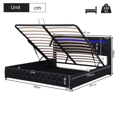Lit Coffre 140x190 Cm Lit Adulte Avec LED, Sommier, Tête De Lit, Rangement Hydraulique, En Pu, Noir