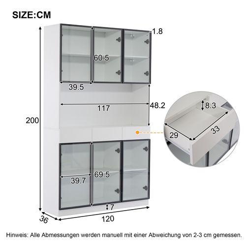 Vitrine LED 120x36x200 Cm Avec 3 Tiroirs, 6 Portes Vitrées, Étagère, Cadre En Aluminium, Blanc