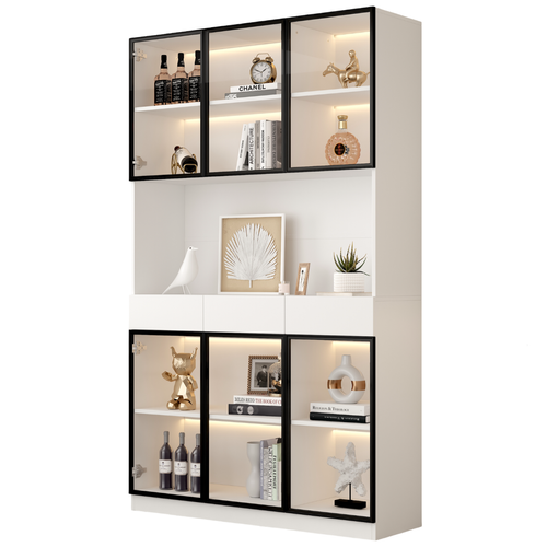 Vitrine LED 120x36x200 Cm Avec 3 Tiroirs, 6 Portes Vitrées, Étagère, Cadre En Aluminium, Blanc