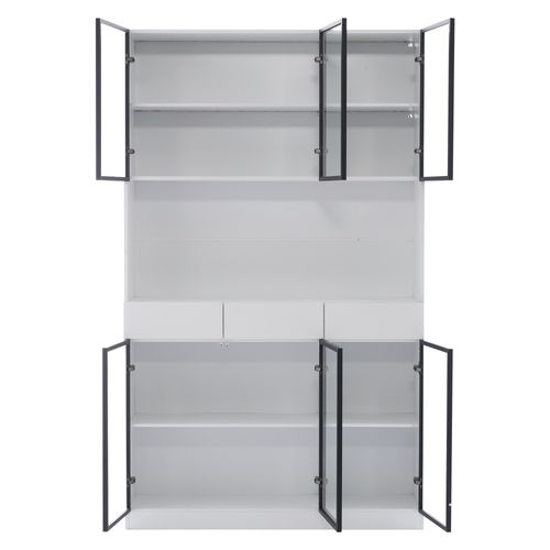 Vitrine LED 120x36x200 Cm Avec 3 Tiroirs, 6 Portes Vitrées, Étagère, Cadre En Aluminium, Blanc