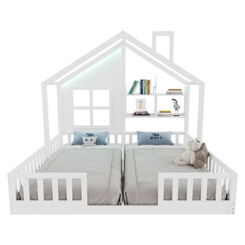 Lit Cabane Enfant 90 X 200 Cm Avec LED Et Étagère De Rangement, Conception De Maison, Blanc