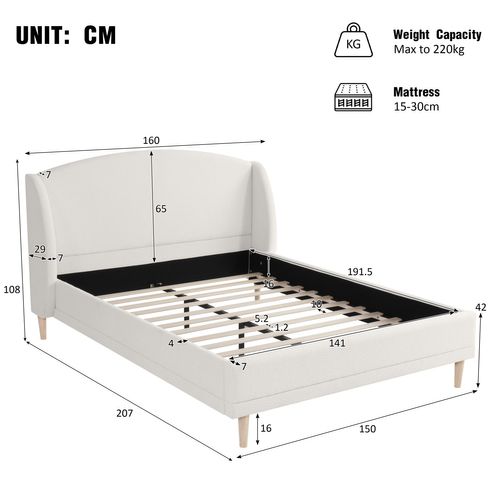 Lit Adulte 140x190 Cm Avec Tête De Lit, Pieds En Bois, Sommier à Lattes, En Tissu Bouclé, Blanc