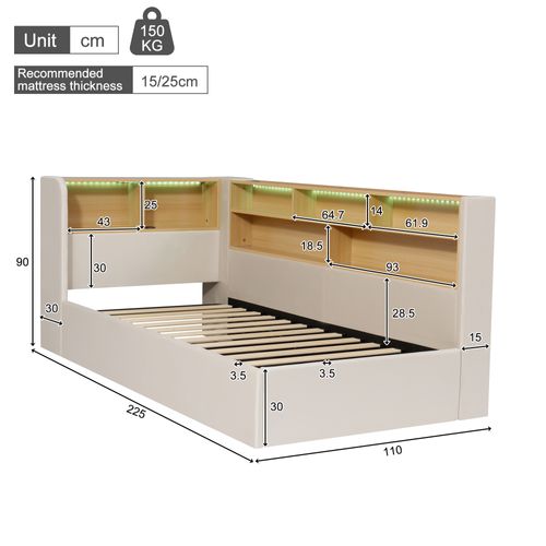 Lit Coffre 90x200 Cm Lit Simple Avec Rangement, LED, USB-c, Sommier à Lattes, Velours, Beige
