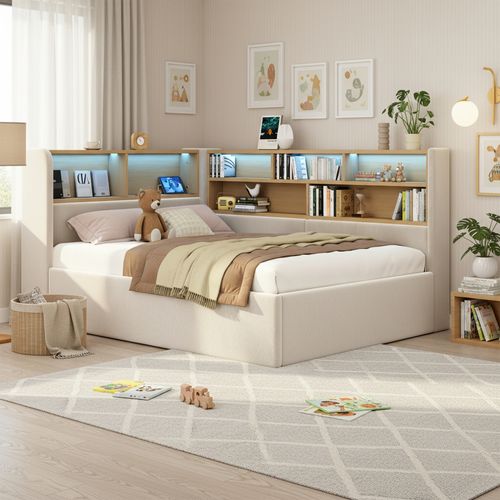 Lit Coffre 90x200 Cm Lit Simple Avec Rangement, LED, USB-c, Sommier à Lattes, Velours, Beige