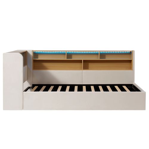 Lit Coffre 90x200 Cm Lit Simple Avec Rangement, LED, USB-c, Sommier à Lattes, Velours, Beige