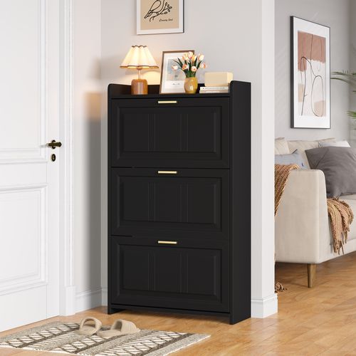 Buffet à Chaussures 70x24x120 Cm Avec 3 Portes Abattantes, 6 Compartiments, En Mdf, Noir