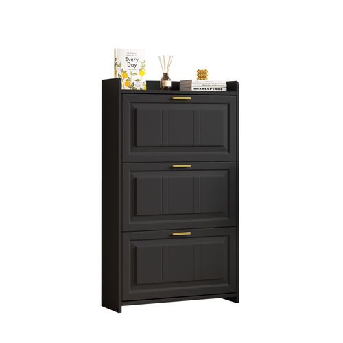Buffet à Chaussures 70x24x120 Cm Avec 3 Portes Abattantes, 6 Compartiments, En Mdf, Noir