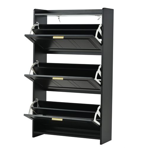 Buffet à Chaussures 70x24x120 Cm Avec 3 Portes Abattantes, 6 Compartiments, En Mdf, Noir