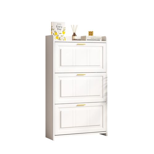Buffet à Chaussures 70x24x120 Cm Avec 3 Portes Abattantes, 6 Compartiments, En Mdf, Blanc