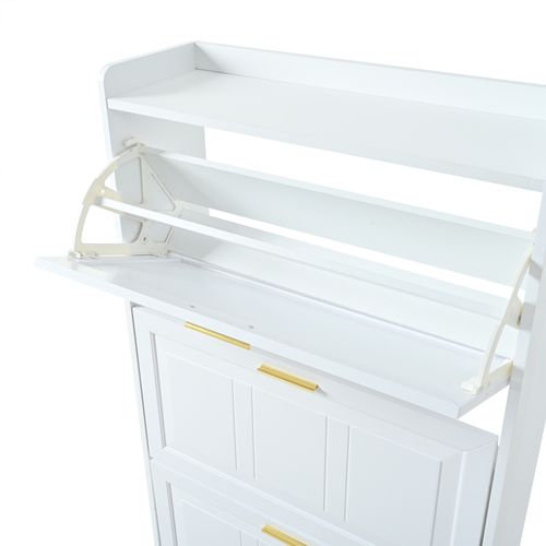 Buffet à Chaussures 70x24x120 Cm Avec 3 Portes Abattantes, 6 Compartiments, En Mdf, Blanc