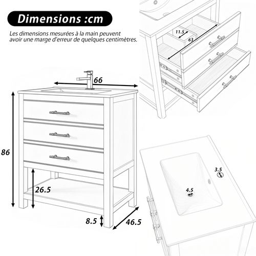 Meuble Lavabo En Mdf Et Vasque En Céramique 66x46,5x86 Cm Avec 2 Tiroirs, Rangement Ouvert, Blanc