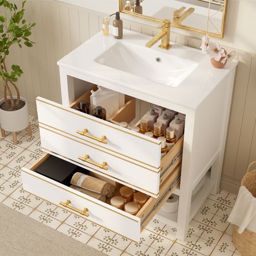 Meuble Lavabo En Mdf Et Vasque En Céramique 66x46,5x86 Cm Avec 2 Tiroirs, Rangement Ouvert, Blanc