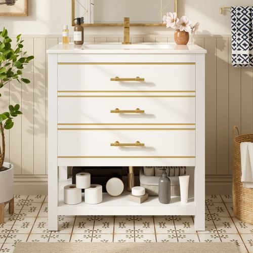 Meuble Lavabo En Mdf Et Vasque En Céramique 66x46,5x86 Cm Avec 2 Tiroirs, Rangement Ouvert, Blanc