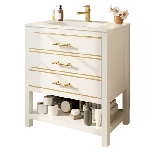 Meuble Lavabo En Mdf Et Vasque En Céramique 66x46,5x86 Cm Avec 2 Tiroirs, Rangement Ouvert, Blanc