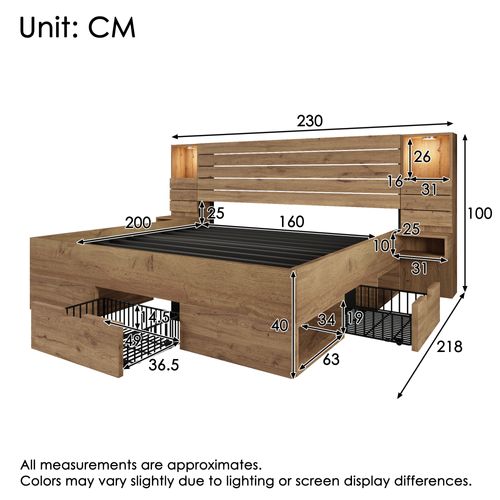 Lit Adulte 160x200 Cm Avec 3 Tiroirs De Rangement, LED,  Chevets Flottantes, Mdf, Couleur Chêne
