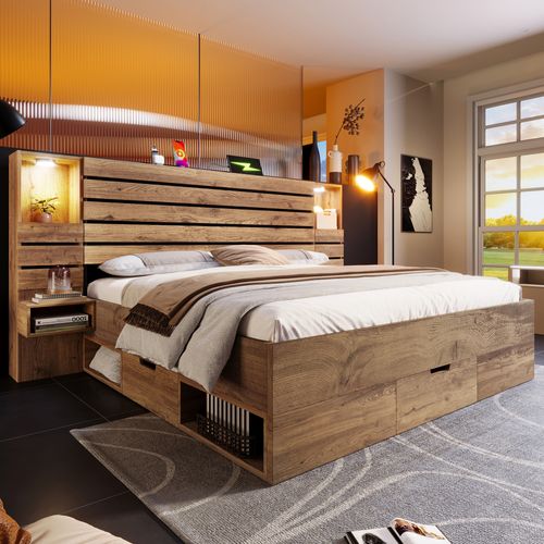 Lit Adulte 160x200 Cm Avec 3 Tiroirs De Rangement, LED,  Chevets Flottantes, Mdf, Couleur Chêne