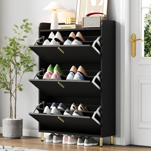 Buffet à Chaussures Avec Étagères Réglables, 3 Portes Abattantes, 6 Compartiments, Mdf, Noir
