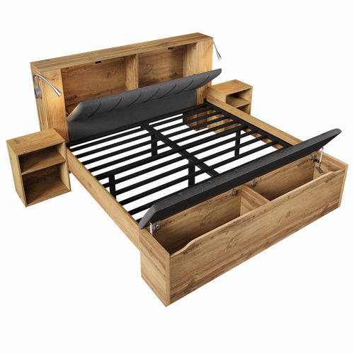 Lit Adulte Double 160x200 Cm Avec Banc, Lampes De Lecture Et Tête De Lit Ouvrant, Mdf, Couleur Chêne