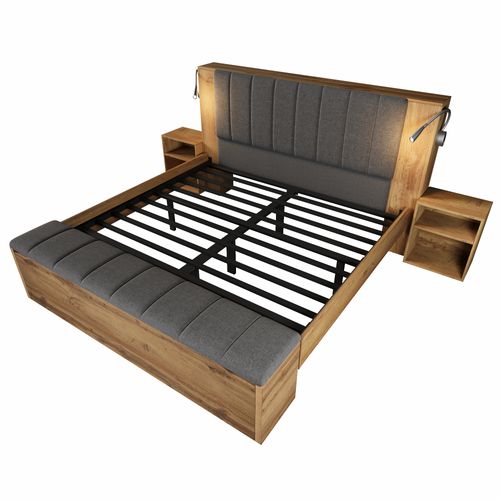 Lit Adulte Double 160x200 Cm Avec Banc, Lampes De Lecture Et Tête De Lit Ouvrant, Mdf, Couleur Chêne