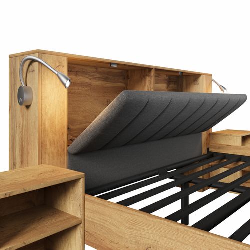 Lit Adulte Double 160x200 Cm Avec Banc, Lampes De Lecture Et Tête De Lit Ouvrant, Mdf, Couleur Chêne